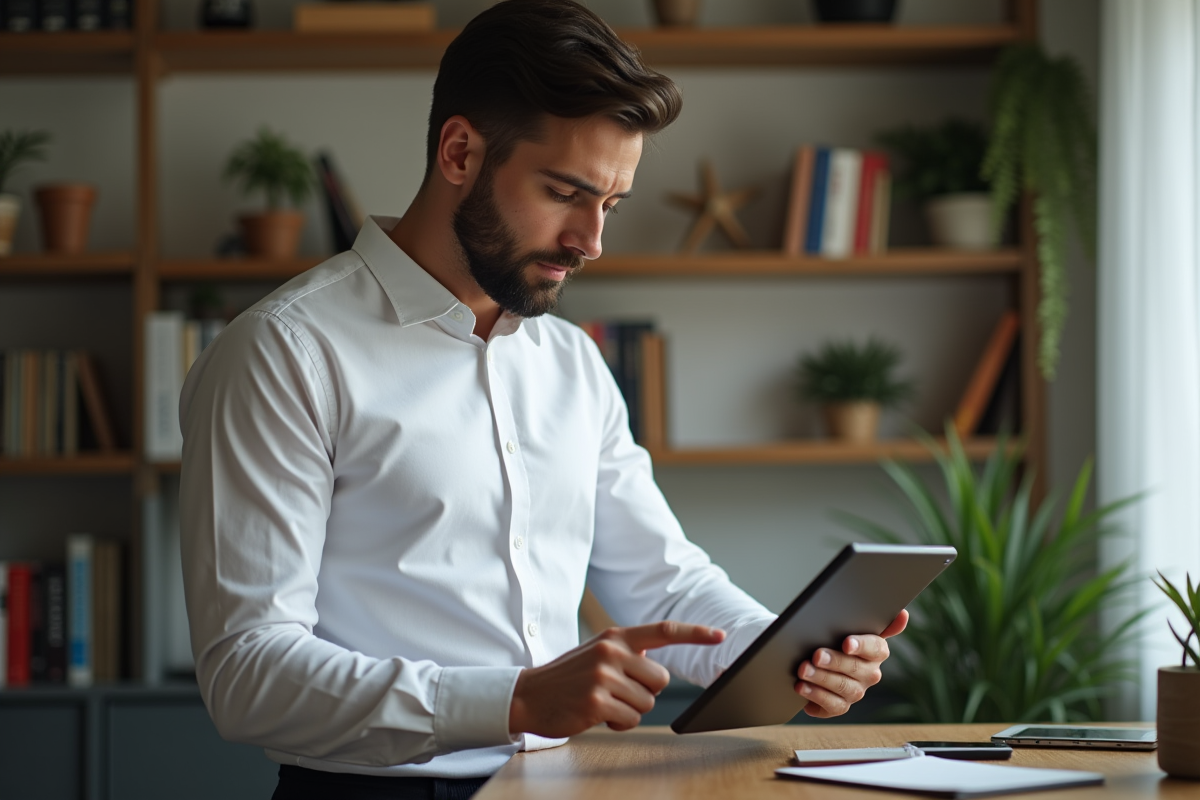 Homme dans un espace de travail à domicile utilisant une tablette