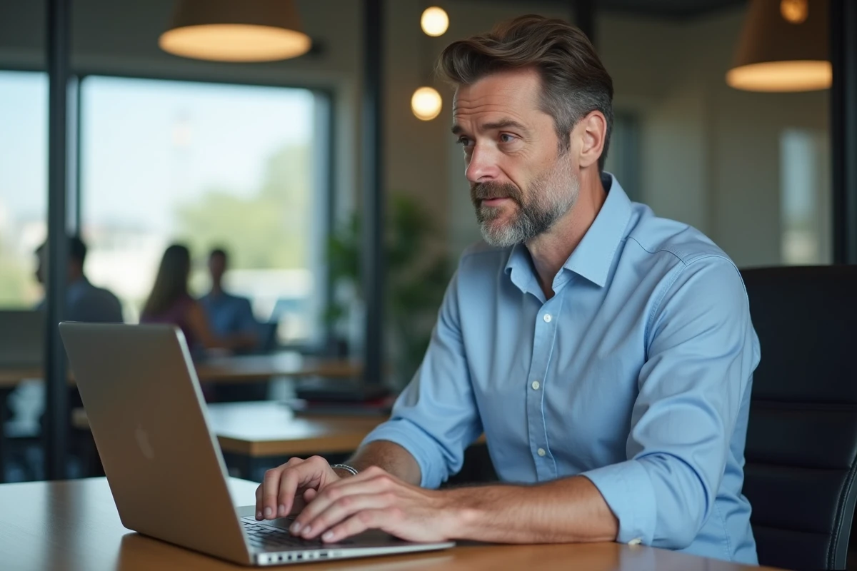 Homme surpris utilisant un clavier dans un espace de coworking