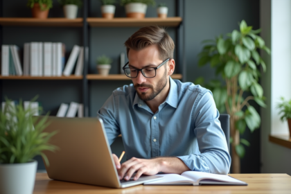 Homme en bureau compare notes sur Spring Boot et Framework