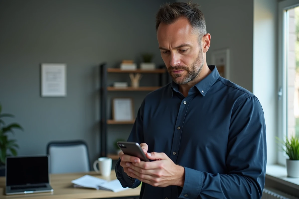 Homme vérifiant ses prélèvements Réglo Mobile sur smartphone dans un bureau