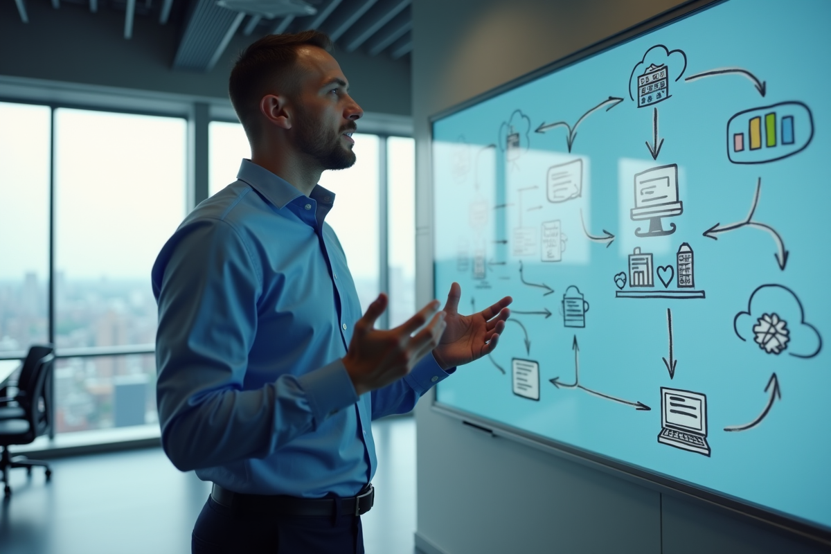 Homme d affaires expliquant un schema sur un tableau blanc digital
