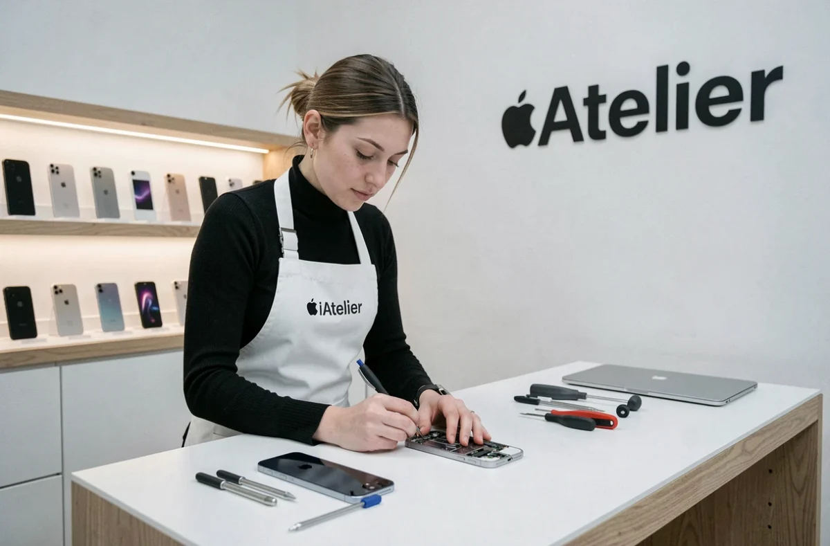 Technicienne iAtelier en tablier blanc inspectant un iPhone démonté dans un atelier au design épuré à Lyon