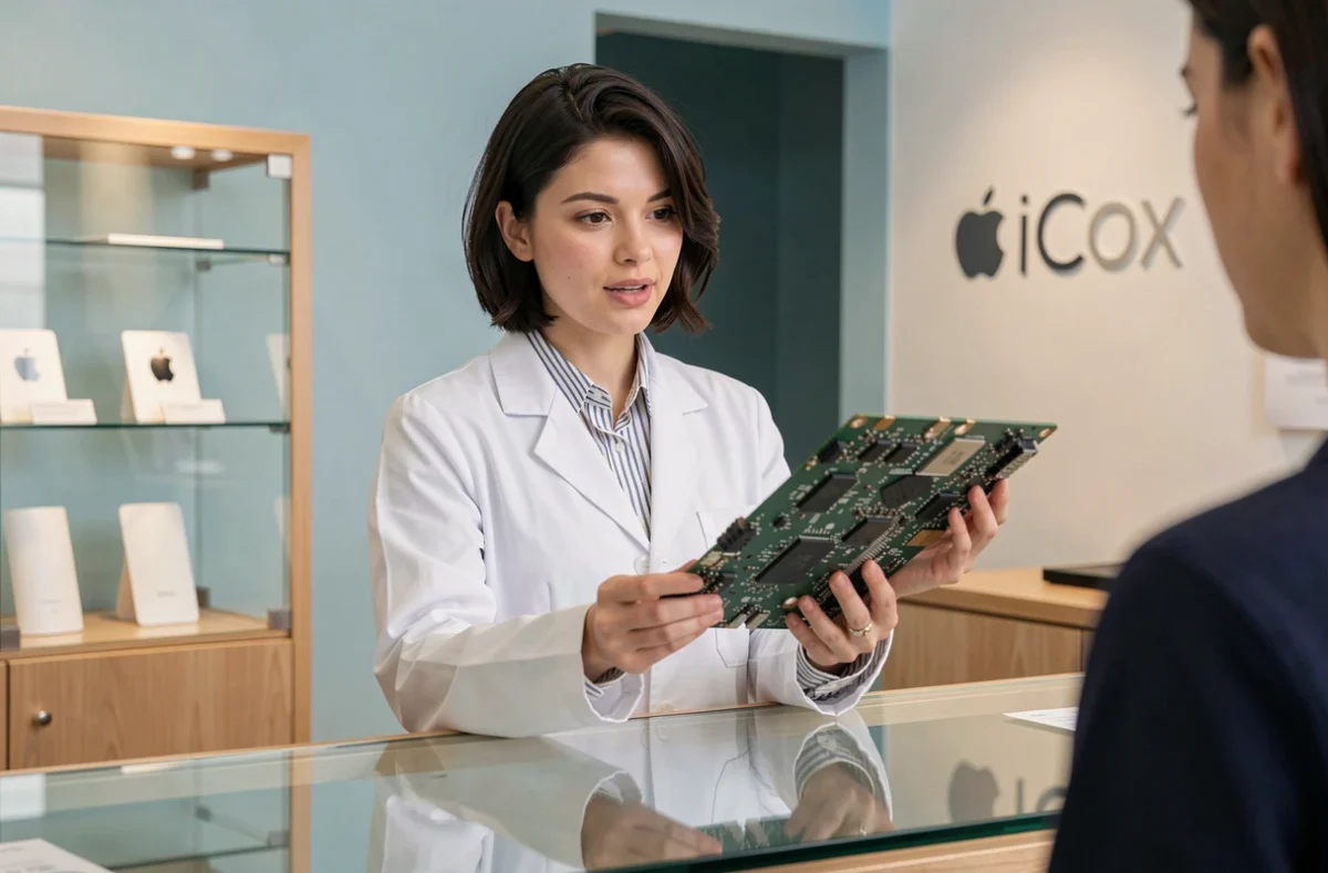 Technicienne d'iCox à Toulouse présentant une carte mère d'iMac dans une boutique de réparation Apple moderne
