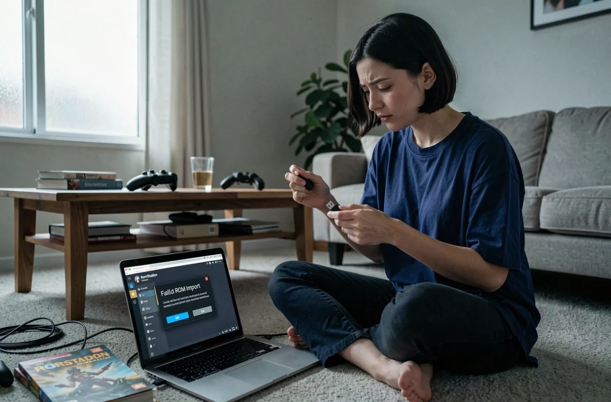 Jeune femme face à une erreur d'importation de ROM sur l'interface RomStation