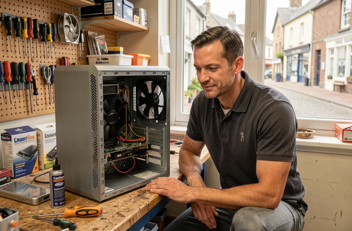 Technicien d'Informatique Bessin réparant un ordinateur de bureau dans un atelier local du Calvados