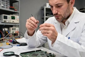 Ingénieur examinant une micropuce dans un laboratoire de technologie innovante