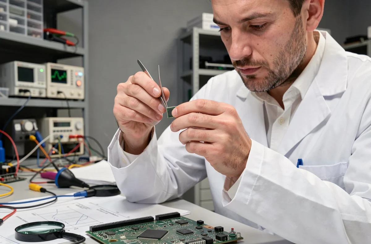 Ingénieur examinant une micropuce dans un laboratoire de technologie innovante