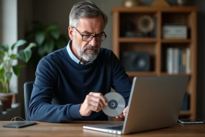 Homme d'âge moyen insérant un DVD Windows 7 dans un ordinateur portable