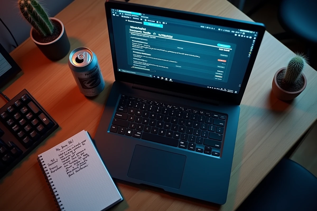 Interface de mod pour Rocket League sur un écran d'ordinateur portable avec un carnet de notes sur les règles compétitives esport posés sur un bureau en bois