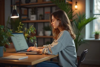 Jeune femme en jean travaillant sur son ordinateur dans un intérieur cosy