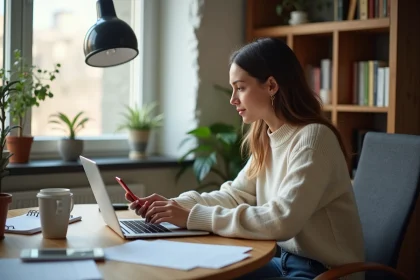 Jeune femme au bureau à domicile avec ordinateur et smartphone