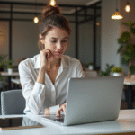 Stratégies digitales: comment les mettre en place pour booster votre présence en ligne Jeune femme professionnelle travaillant sur son ordinateur dans un espace de coworking