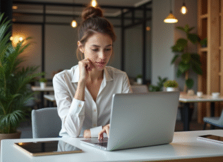 Stratégies digitales: comment les mettre en place pour booster votre présence en ligne Jeune femme professionnelle travaillant sur son ordinateur dans un espace de coworking