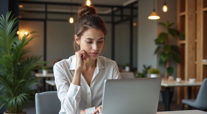 Stratégies digitales: comment les mettre en place pour booster votre présence en ligne Jeune femme professionnelle travaillant sur son ordinateur dans un espace de coworking