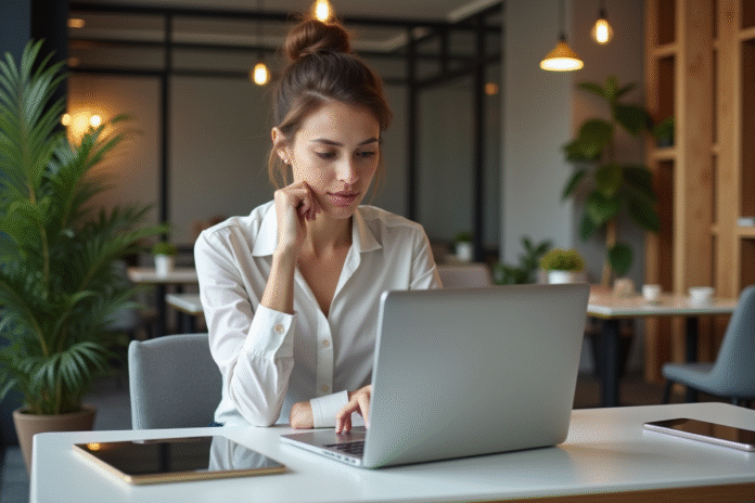 jeune-femme-bureau-productivite Jeune femme professionnelle travaillant sur son ordinateur dans un espace de coworking