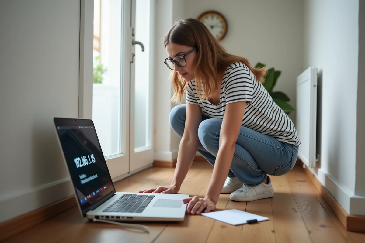 Jeune femme vérifiant les câbles Ethernet près de la box internet