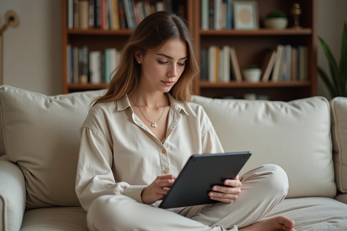 Jeune femme consultant des suggestions de correction grammaticale sur une tablette depuis son canapé à domicile