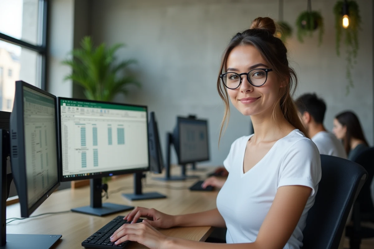 Jeune femme dans un espace de coworking utilisant la fonction supprimer les doublons dans Excel sur double écran