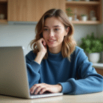 Questions populaires en 2025 sur Google : Quelle est la question la plus posée ? Jeune femme en jumper bleu utilisant un ordinateur dans la cuisine