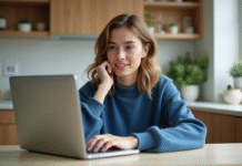 Questions populaires en 2025 sur Google : Quelle est la question la plus posée ? Jeune femme en jumper bleu utilisant un ordinateur dans la cuisine