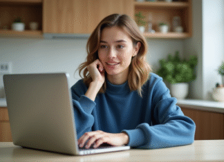 Jeune femme en jumper bleu utilisant un ordinateur dans la cuisine