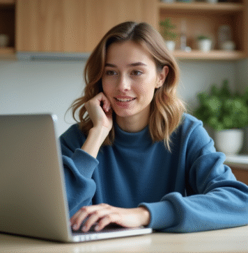 Jeune femme en jumper bleu utilisant un ordinateur dans la cuisine