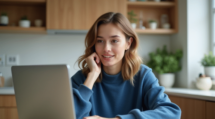 Questions populaires en 2025 sur Google : Quelle est la question la plus posée ? Jeune femme en jumper bleu utilisant un ordinateur dans la cuisine