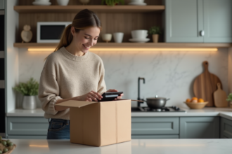 Jeune femme déballant un gadget dans sa cuisine moderne