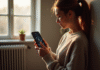 Jeune femme utilisant un iPhone près d'un radiateur dans un intérieur moderne