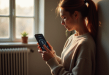 Jeune femme utilisant un iPhone près d'un radiateur dans un intérieur moderne