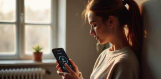 Jeune femme utilisant un iPhone près d'un radiateur dans un intérieur moderne