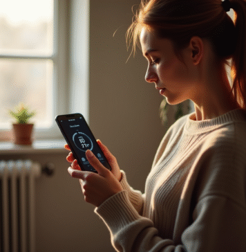 Jeune femme utilisant un iPhone près d'un radiateur dans un intérieur moderne