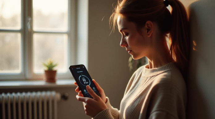 Jeune femme utilisant un iPhone près d'un radiateur dans un intérieur moderne