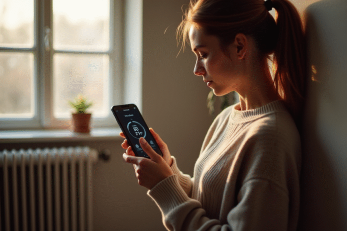 Jeune femme utilisant un iPhone près d'un radiateur dans un intérieur moderne
