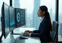 Jeune femme asiatique en costume dans un bureau moderne