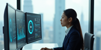 Jeune femme asiatique en costume dans un bureau moderne