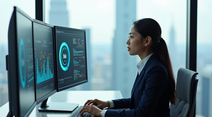 Technologie 2025 : quel pays est le plus avancé au monde? Jeune femme asiatique en costume dans un bureau moderne