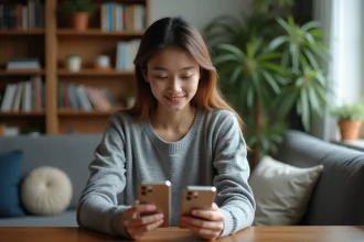 Jeune femme souriante avec deux iPhones dans un salon chaleureux