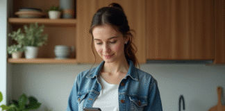 Jeune femme en intérieur utilisant la reconnaissance digitale sur son smartphone