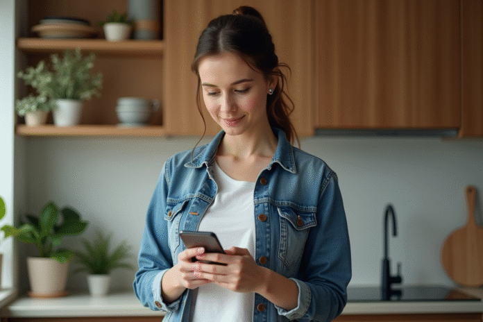 jeune-femme-verrouillage-smartphone Jeune femme en intérieur utilisant la reconnaissance digitale sur son smartphone