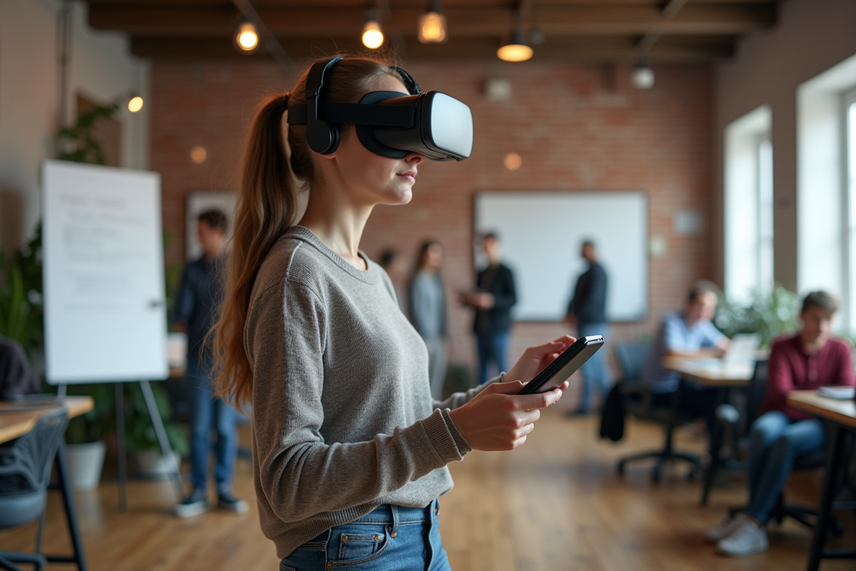 Jeune femme en VR dans un espace de coworking dynamique
