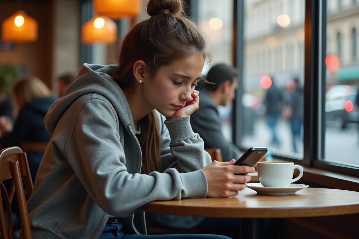 Jeune fille perplexe regardant son smartphone dans un café urbain