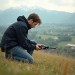 Jeune homme assemble un drone en plein air dans un paysage rural