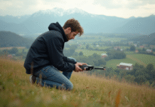 Drone vertical : quel appareil choisir pour filmer ? Jeune homme assemble un drone en plein air dans un paysage rural