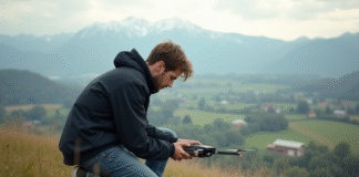 Drone vertical : quel appareil choisir pour filmer ? Jeune homme assemble un drone en plein air dans un paysage rural