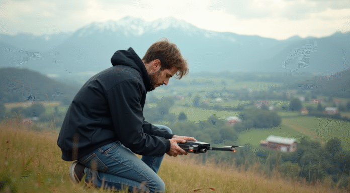 Jeune homme assemble un drone en plein air dans un paysage rural