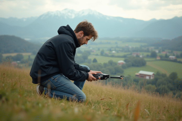 jeune-homme-assemble-drone-nature Jeune homme assemble un drone en plein air dans un paysage rural