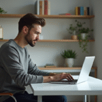Jeune homme concentré travaillant sur son ordinateur à domicile