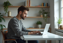 Jeune homme concentré travaillant sur son ordinateur à domicile