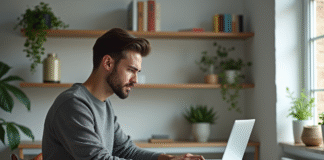 Jeune homme concentré travaillant sur son ordinateur à domicile
